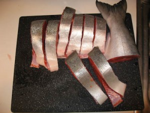 -10081 Salmon cut into steaks with tail end left in one piece