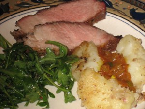 -12 Leftover pork shoulder roast, seared, sliced, and served with potato and arugula salad