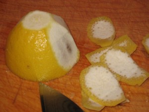 -13 To peel a lemon, cut in half, slice rind off with sharp knife. Then sqeeze out juice and freeze or use otherwise.