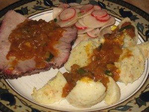 -9 Pork shoulder roast with Semmelknödel, caramelized onions and radish salad